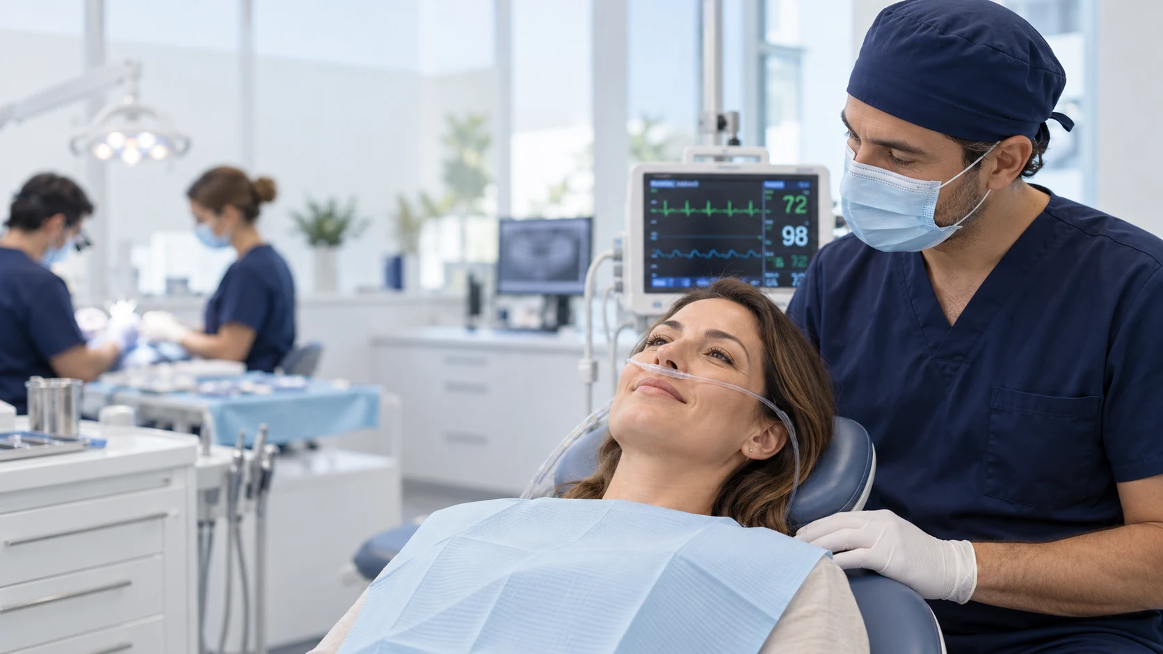 Profesional de anestesiología junto a una paciente en una clínica dental